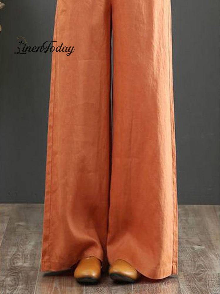 Women's Solid Color Loose Elegant Casual Simple Cotton And Linen Pants