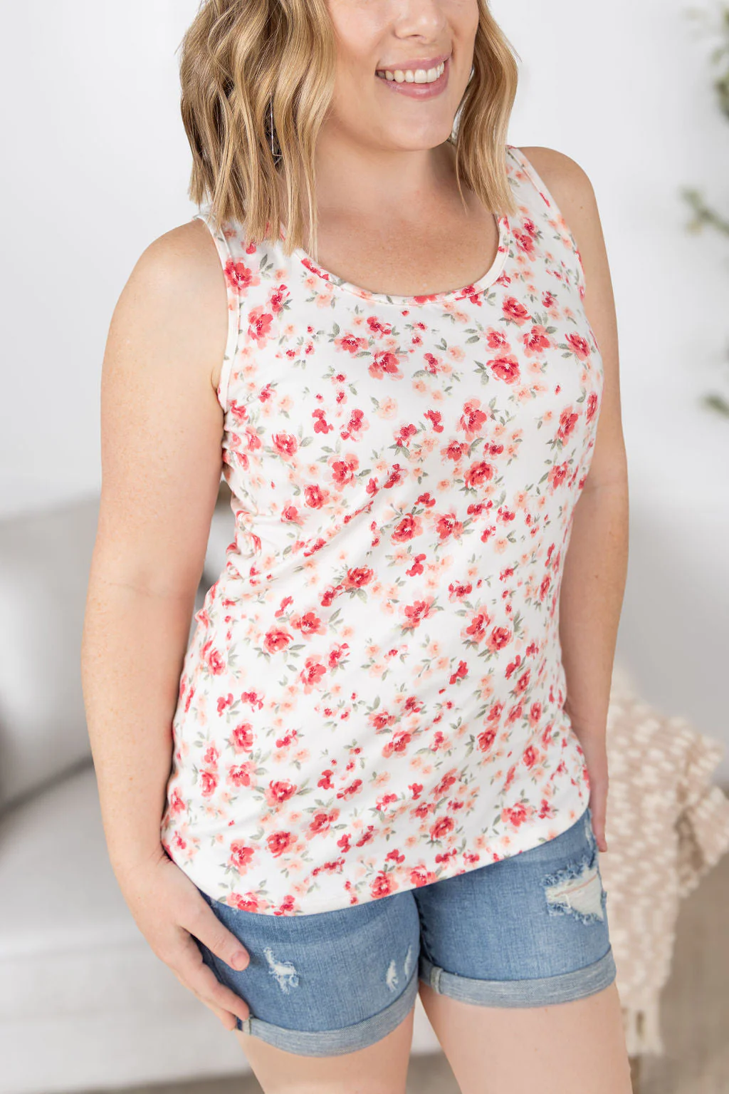 Luxe Crew Tank Top in Ivory Pink Floral