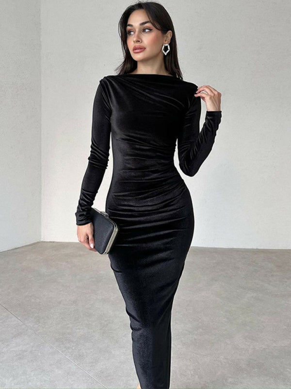Pleated Round Neck Long Sleeve Bodycon Midi Dress