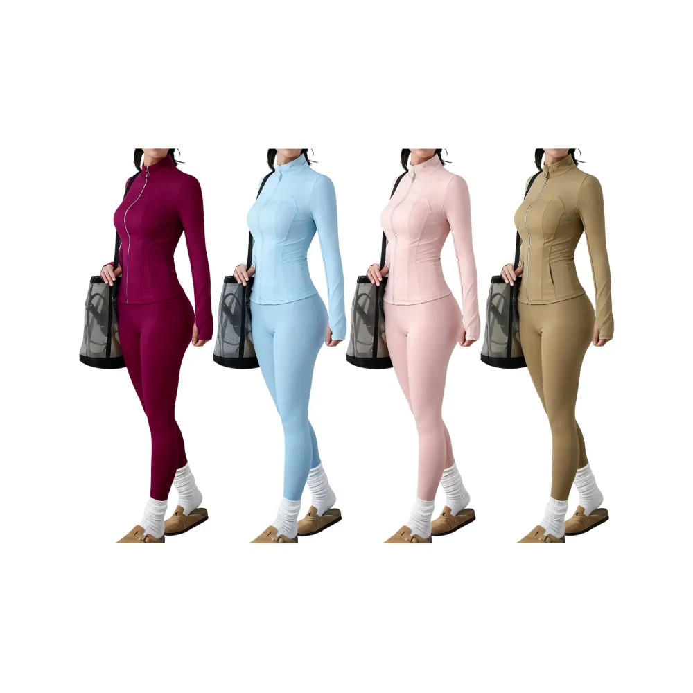 Women's Solid Zip Up Jacket & High Waist Leggings Tracksuit Set