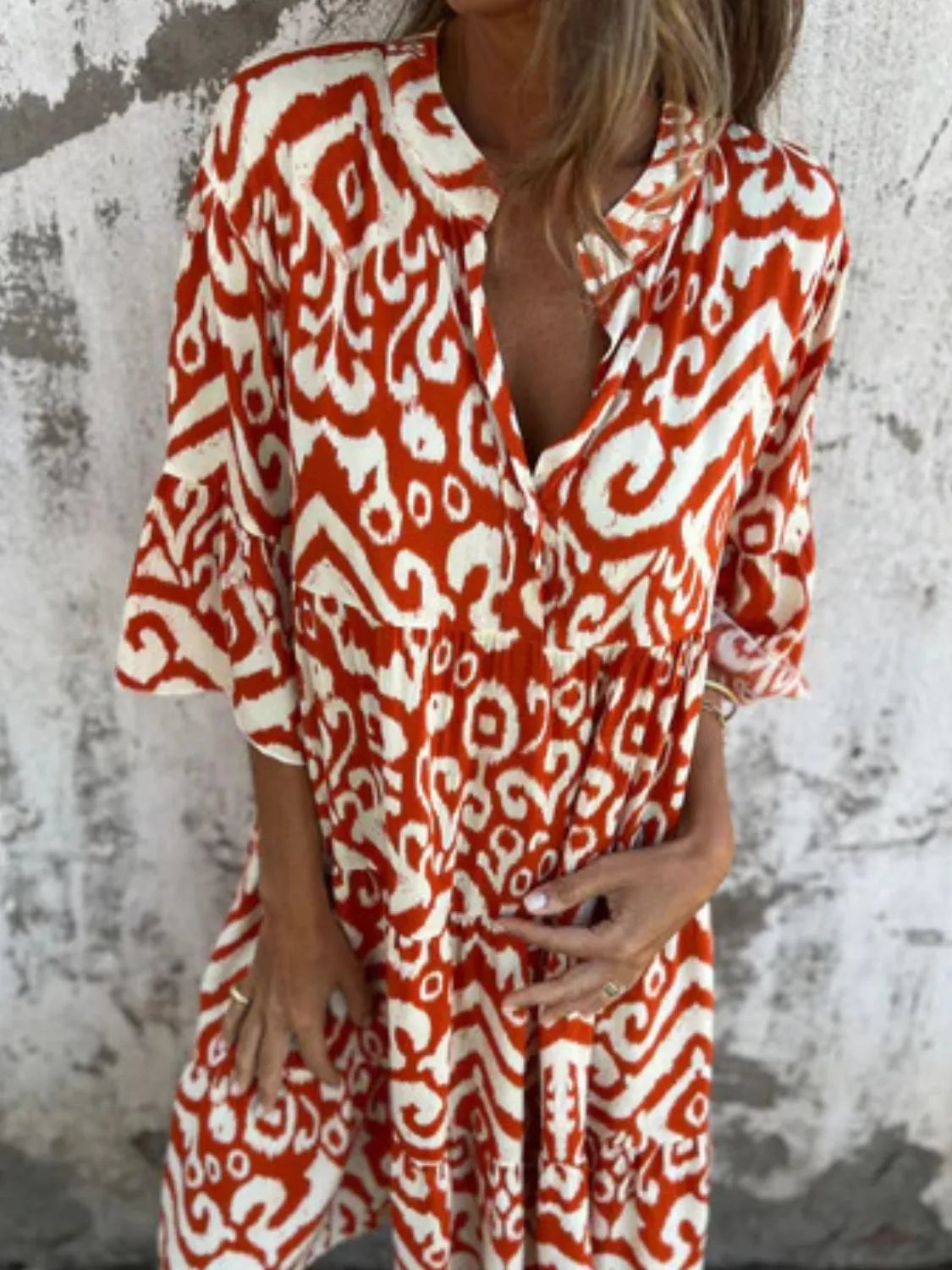 Plus Size Ethnic Print Notched Half Sleeve Midi Dress