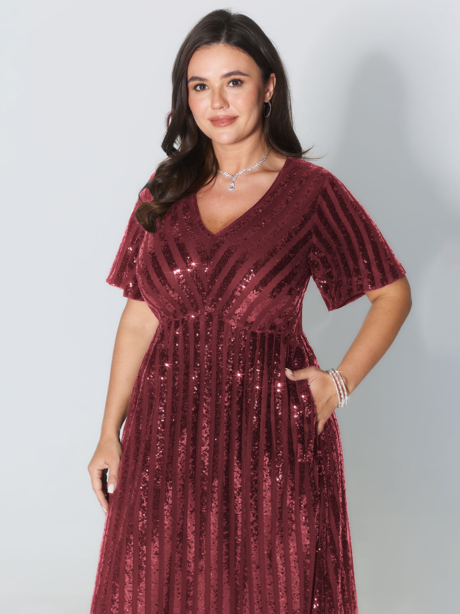 Shimmery Sequin V-Neck Midi Dress