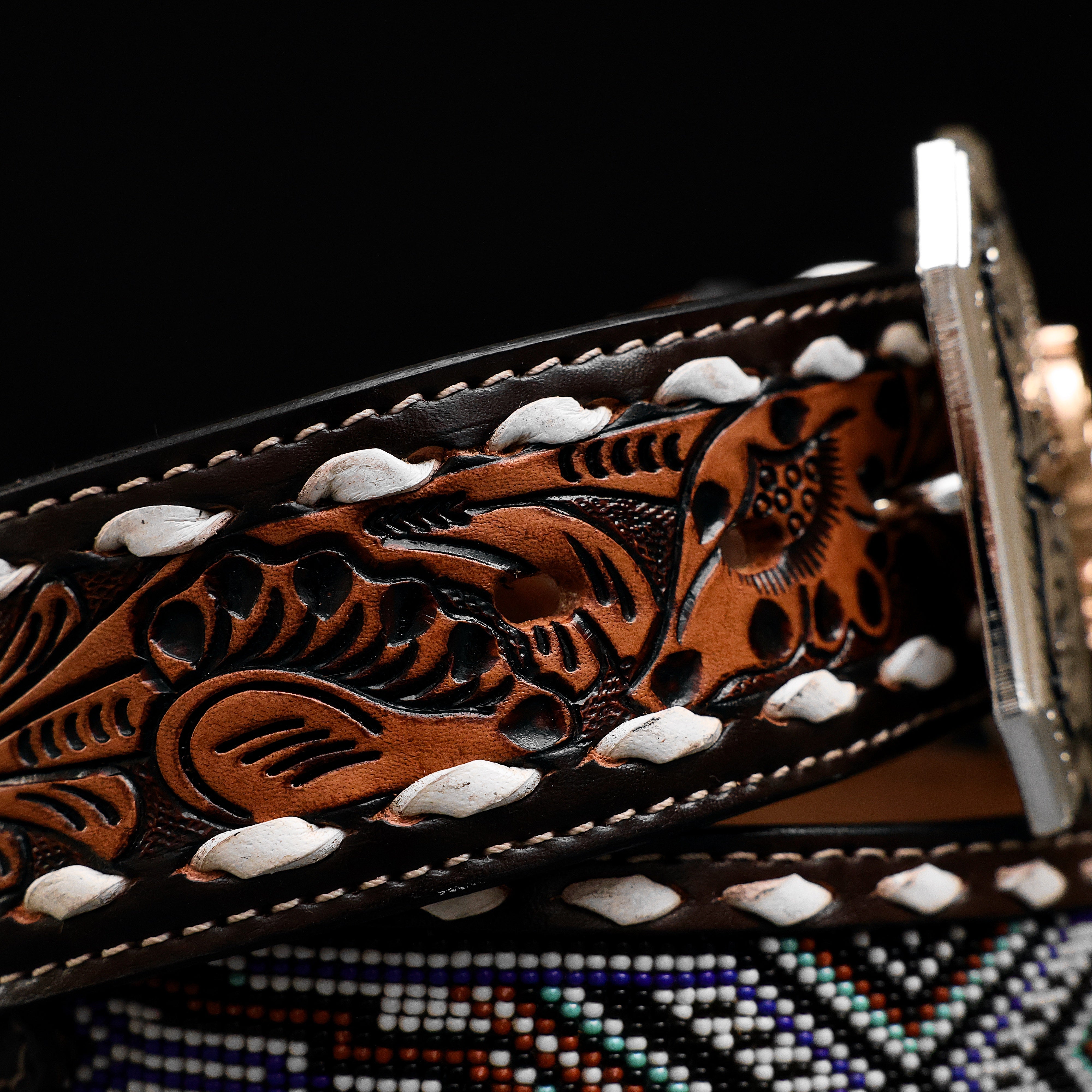 2 Inch Hand-Tooled Artesanal Beaded Leather Belt