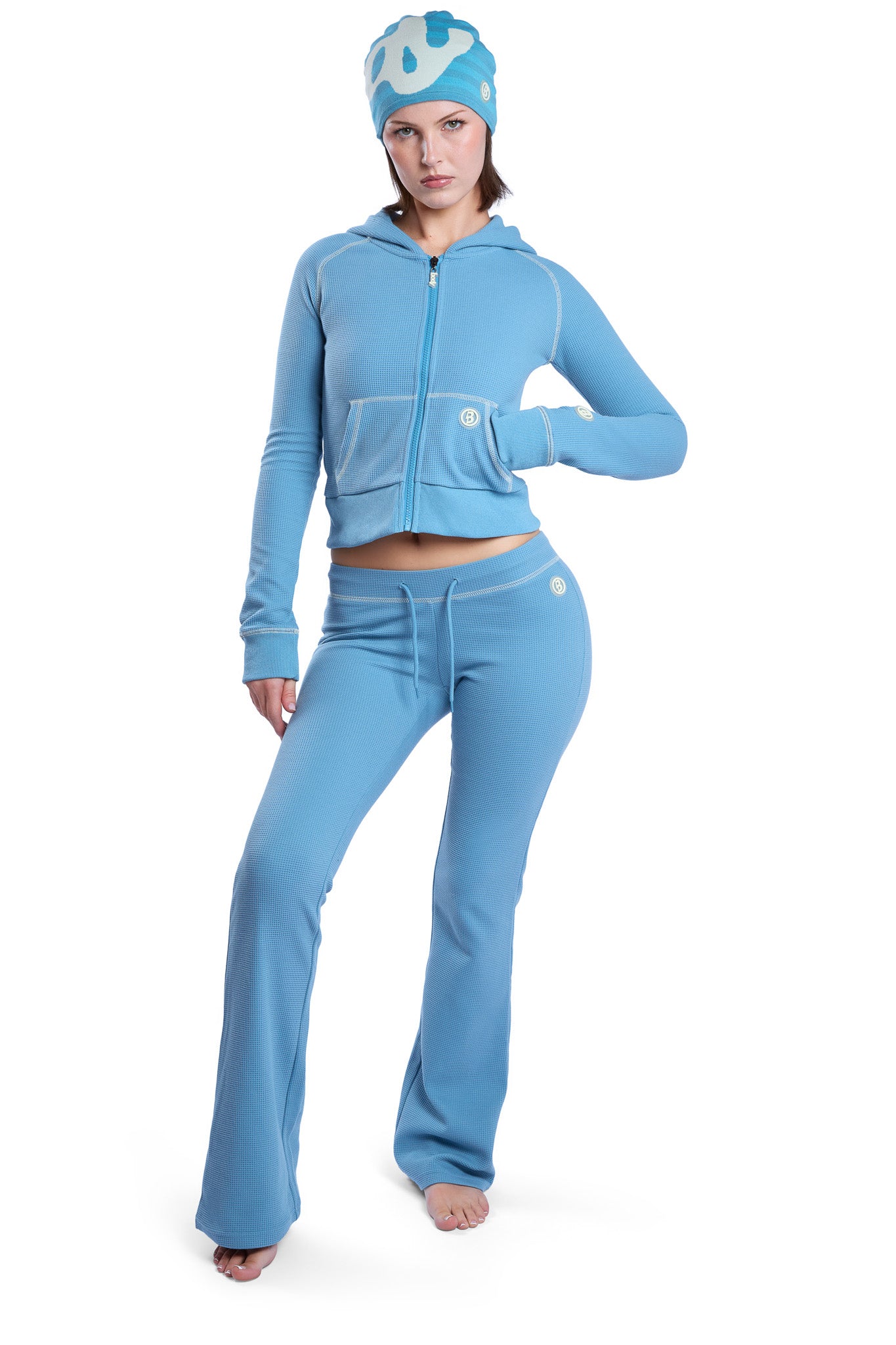 WAFFLE KNIT BOOT CUT PANTS (TEAL/CREAM)