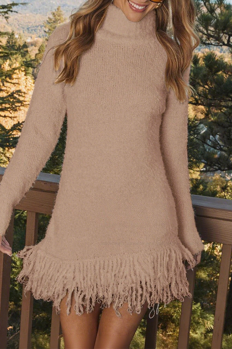 （ In stock）Women Turtleneck Tassel Knitted Sweater Dress