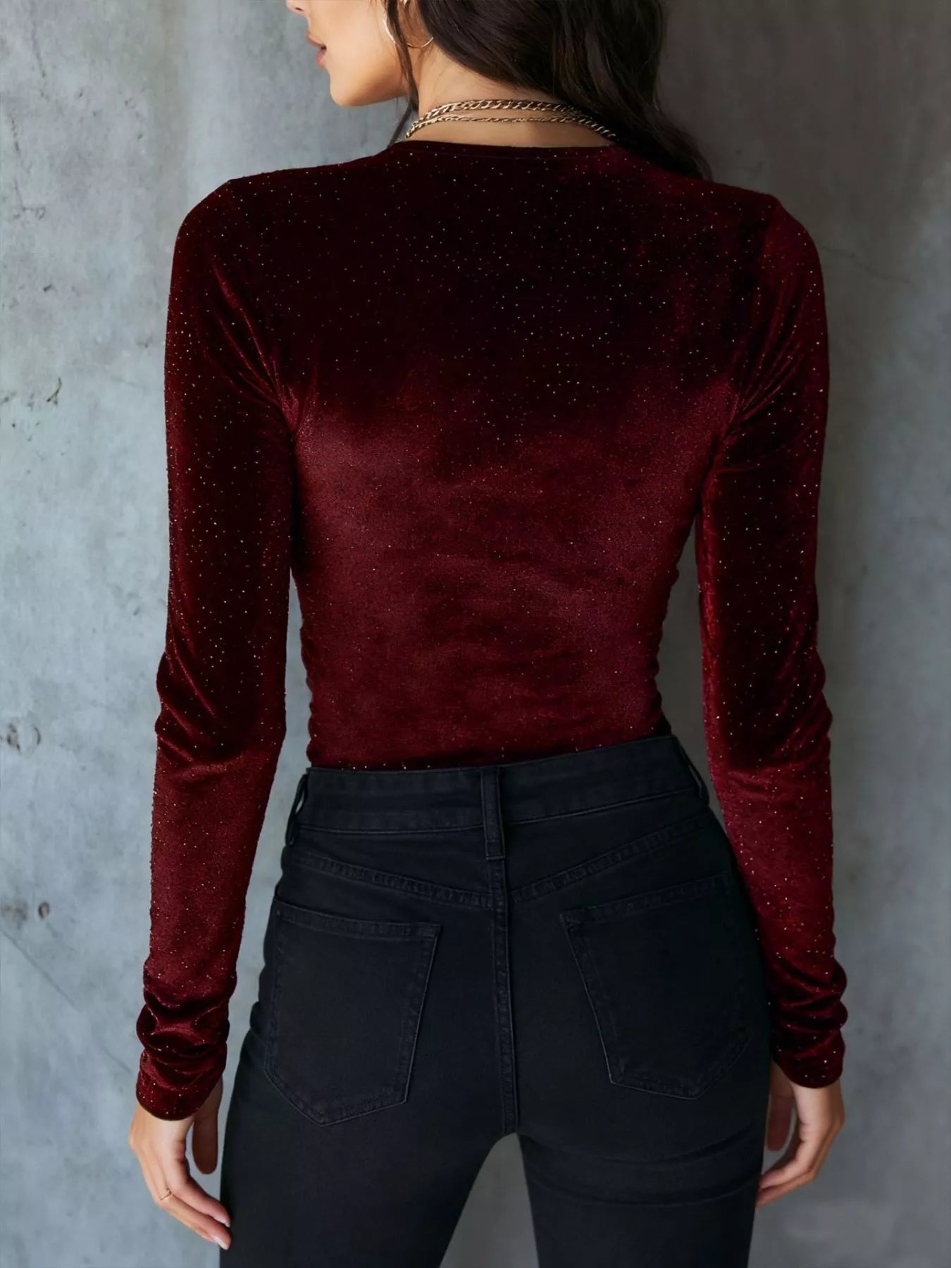 Velvet Ruched Long Sleeve T-Shirt