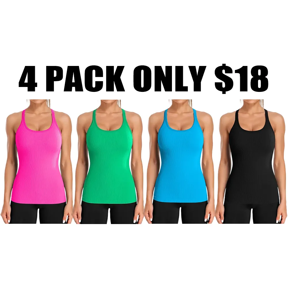 🔥Ribbed Workout Tank Tops for Women with Built in Bra Tight Racerback Scoop Neck Athletic Top