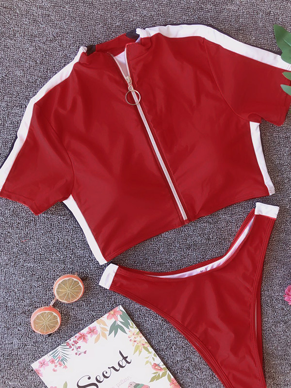 Color-Block Zipper Top Short Sleeves Bikinis Swimwear