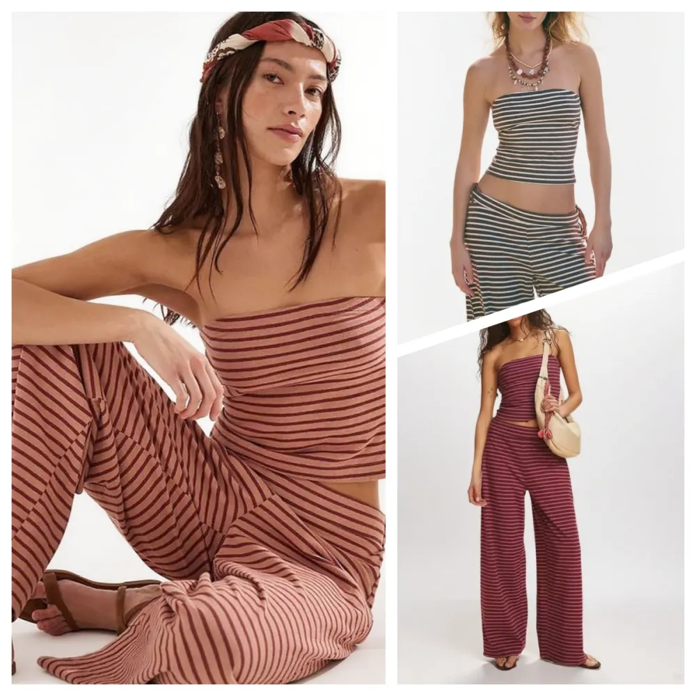 Women's Striped Print Crop Tube Top & Wide Leg Pants Set