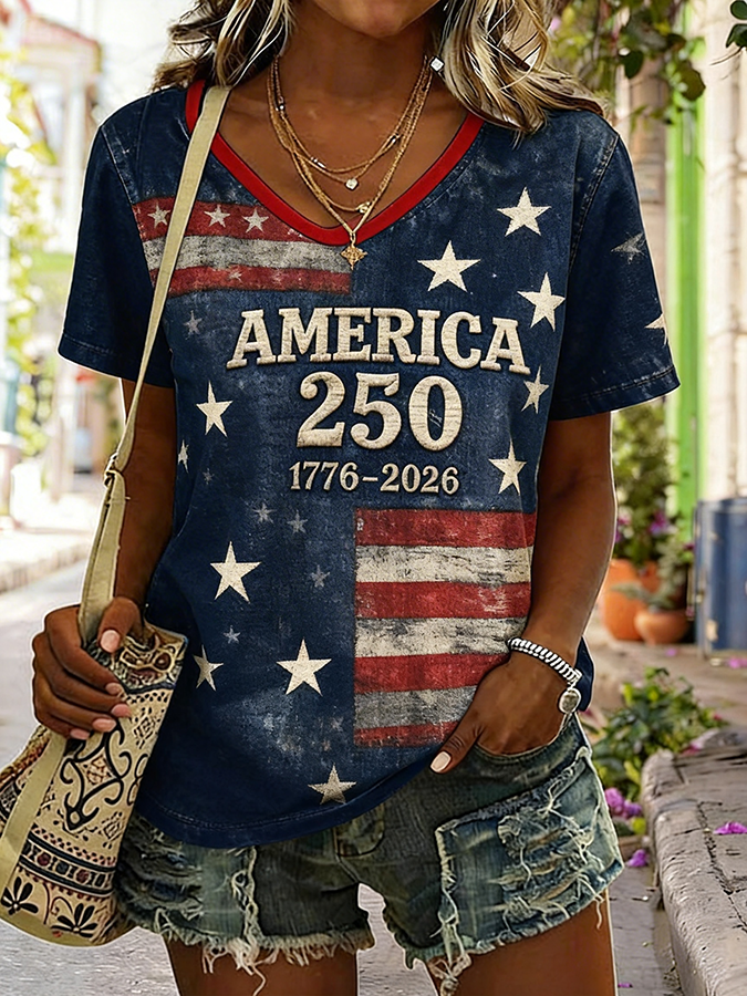 Women's V-neck American 250 Celebration Printed T-shirt