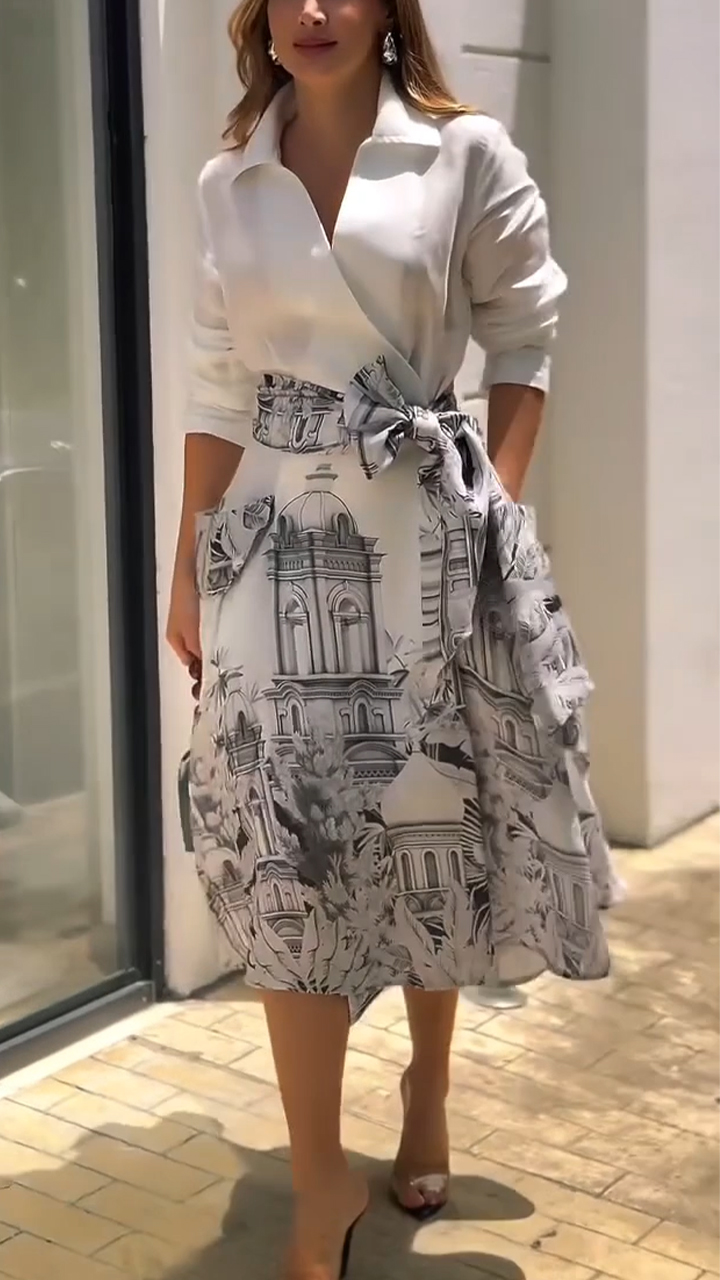 Women Collar Shirt+ Printed Half Skirt Elegant Temperament Set