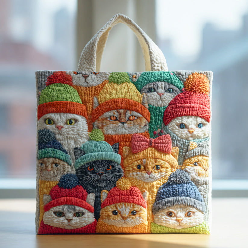 Winter Knit Hat Cats Quilted Tote Bag – Adorable 3D Embroidered Design