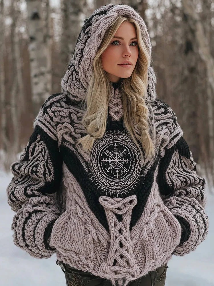 Women's Viking Celtic Knot Vegvisir Rune Knit Hooded Sweater