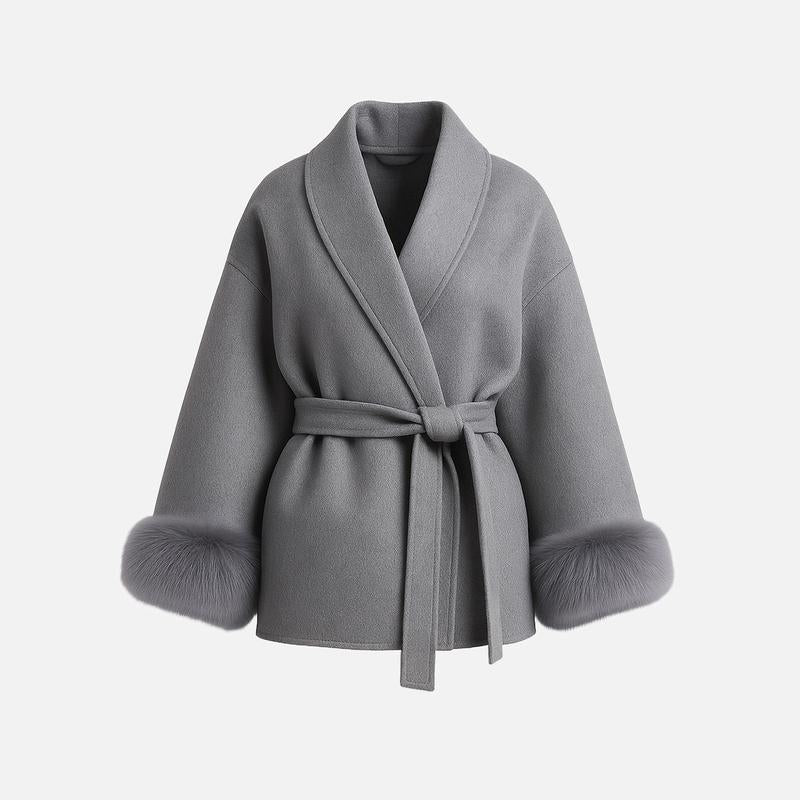 Women's Elegant Solid Color Waist Tie Fuzzy Cuff Wrap Coat, Premium Plush Long Sleeve Thermal Coat, Outerwear Jacket for Fall & Winter(CN/US)
