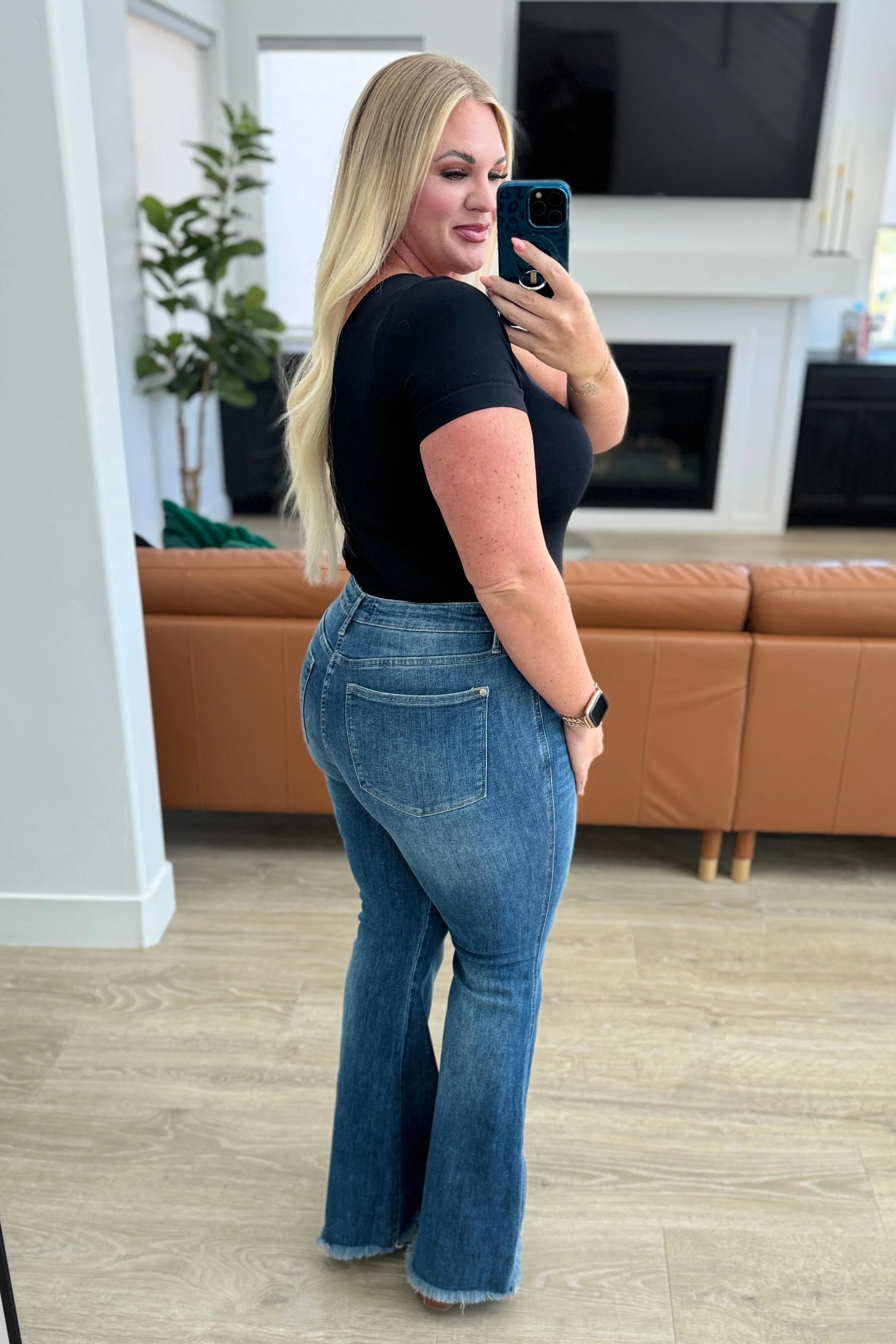 High Waist Control Top Frayed Hem Flare Jeans