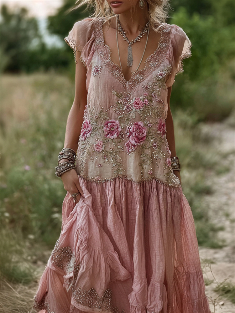Vintage Pink Roses Glitter Embroidered Lace Linen Maxi Dress