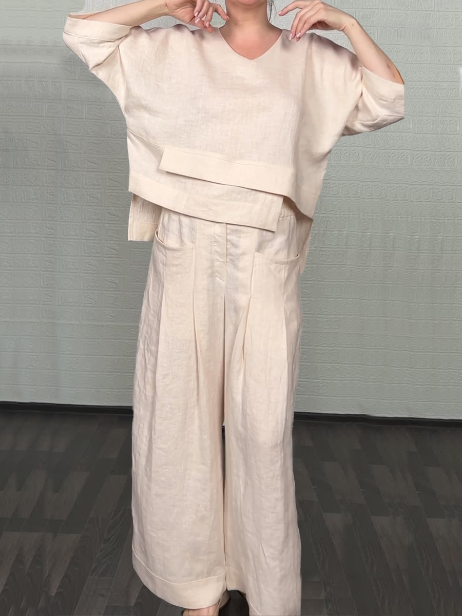Women'S Casual Solid Color Irregular Cotton And Linen Shirt and Pats Suit