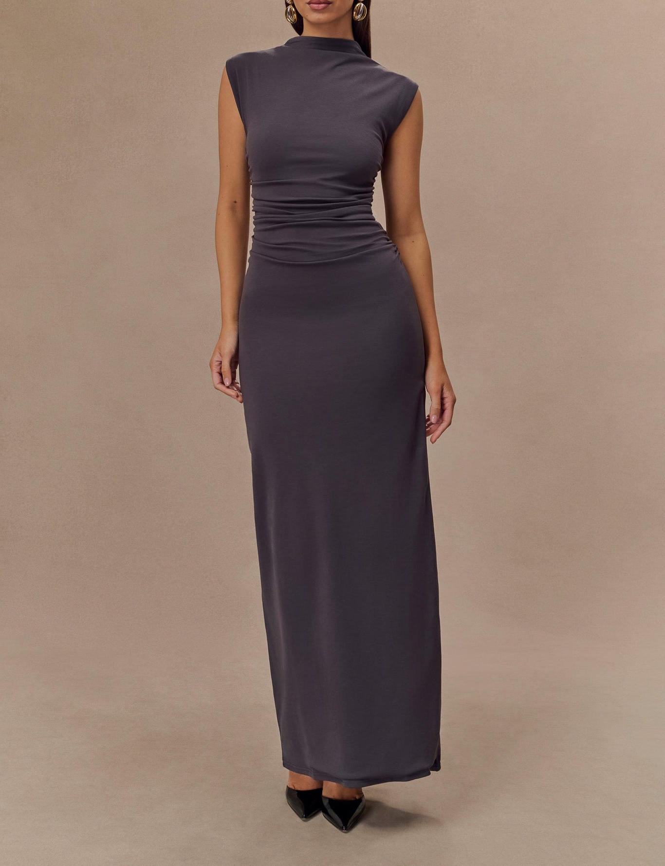 Charcoal High Neck Sleeveless Maxi Dress