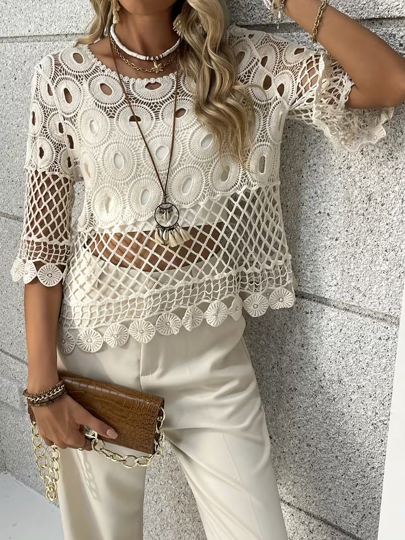 Women's Bohemian Openwork Mesh Knit Top