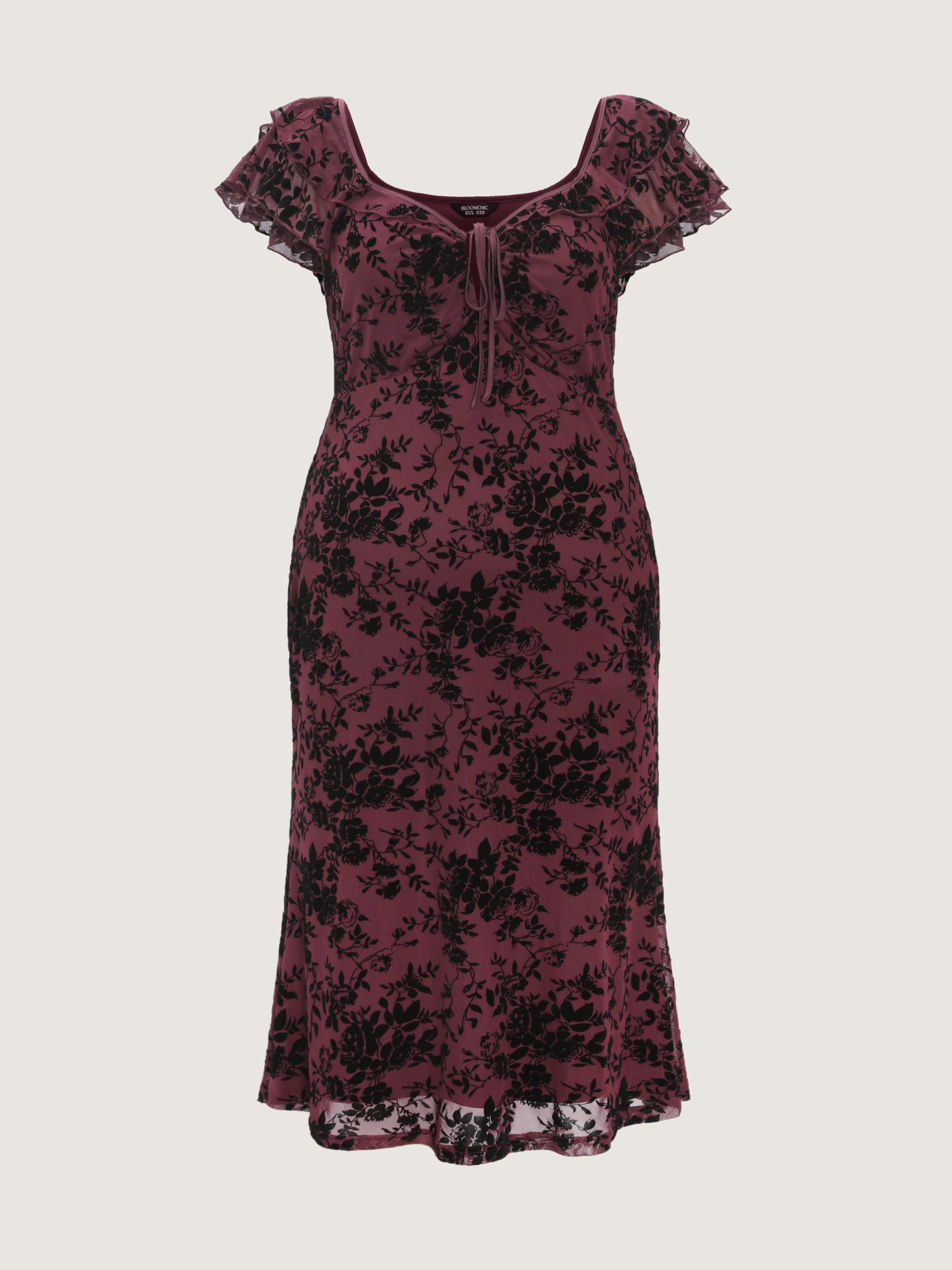 Floral Flocked Mesh Ruched Drawstring Midi Dress