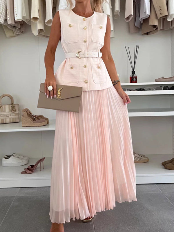 Sleeveless Chanel style vest vest mesh pleated skirt two-piece set