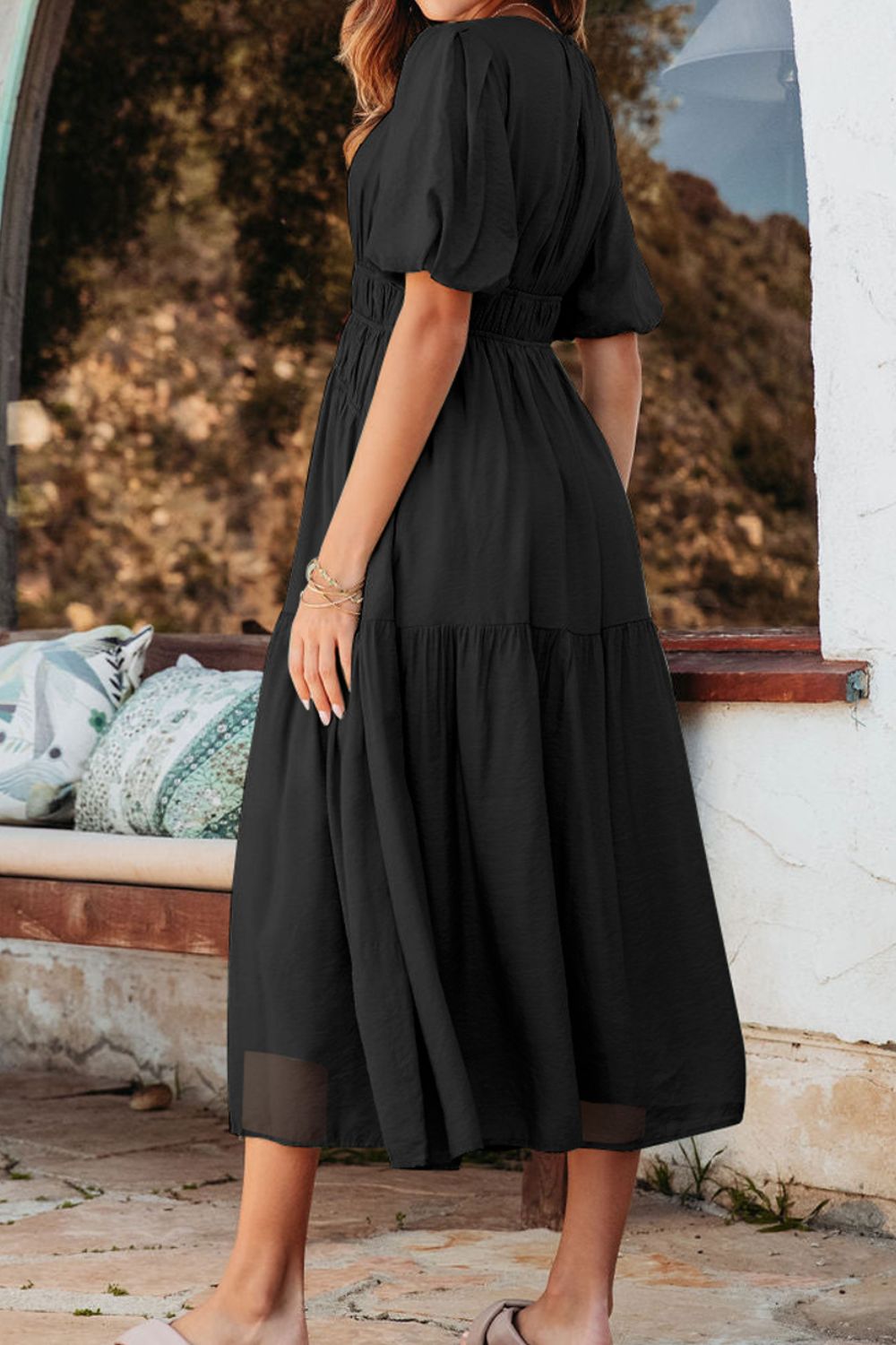 Puff Sleeve Pleated High Waist Flowy Midi Dress