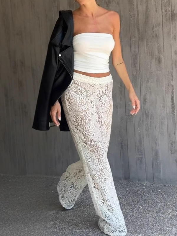 See-Through Lace Sexy Wide-Leg Pants Hollow Trousers Causal Pants