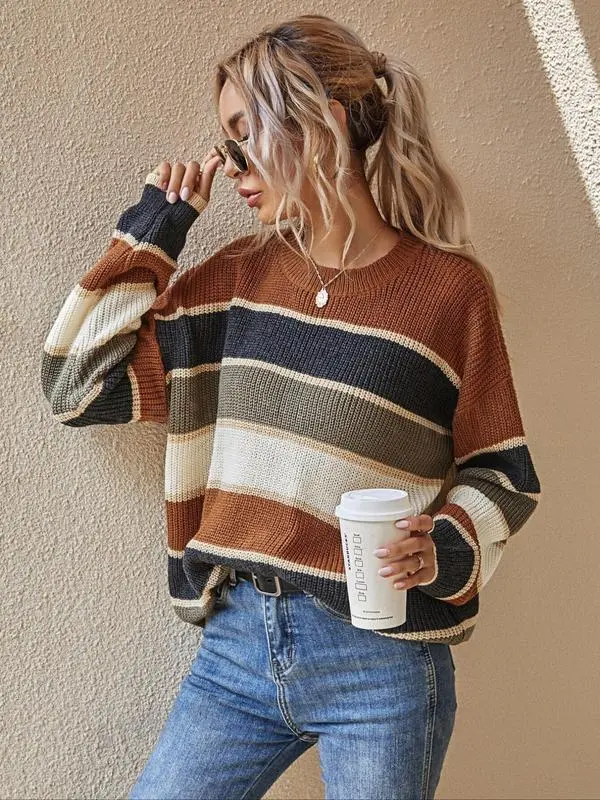 Women's Colorblock Striped Print Drop Shoulder Sweater