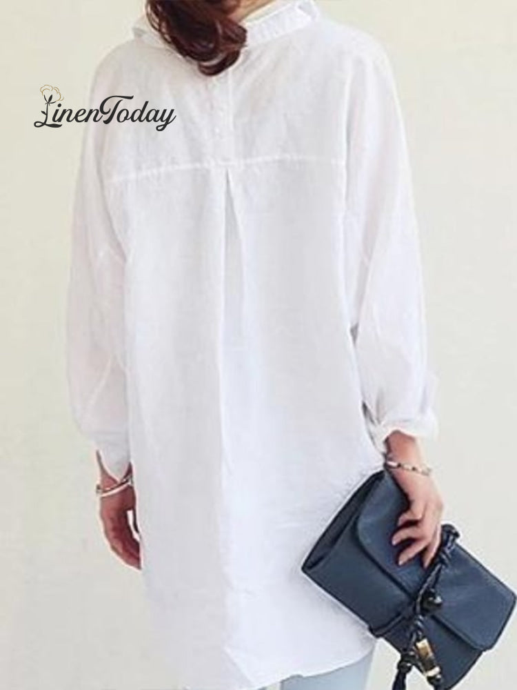 Women's Cotton Linen Pocket Casual Shirt Skirt