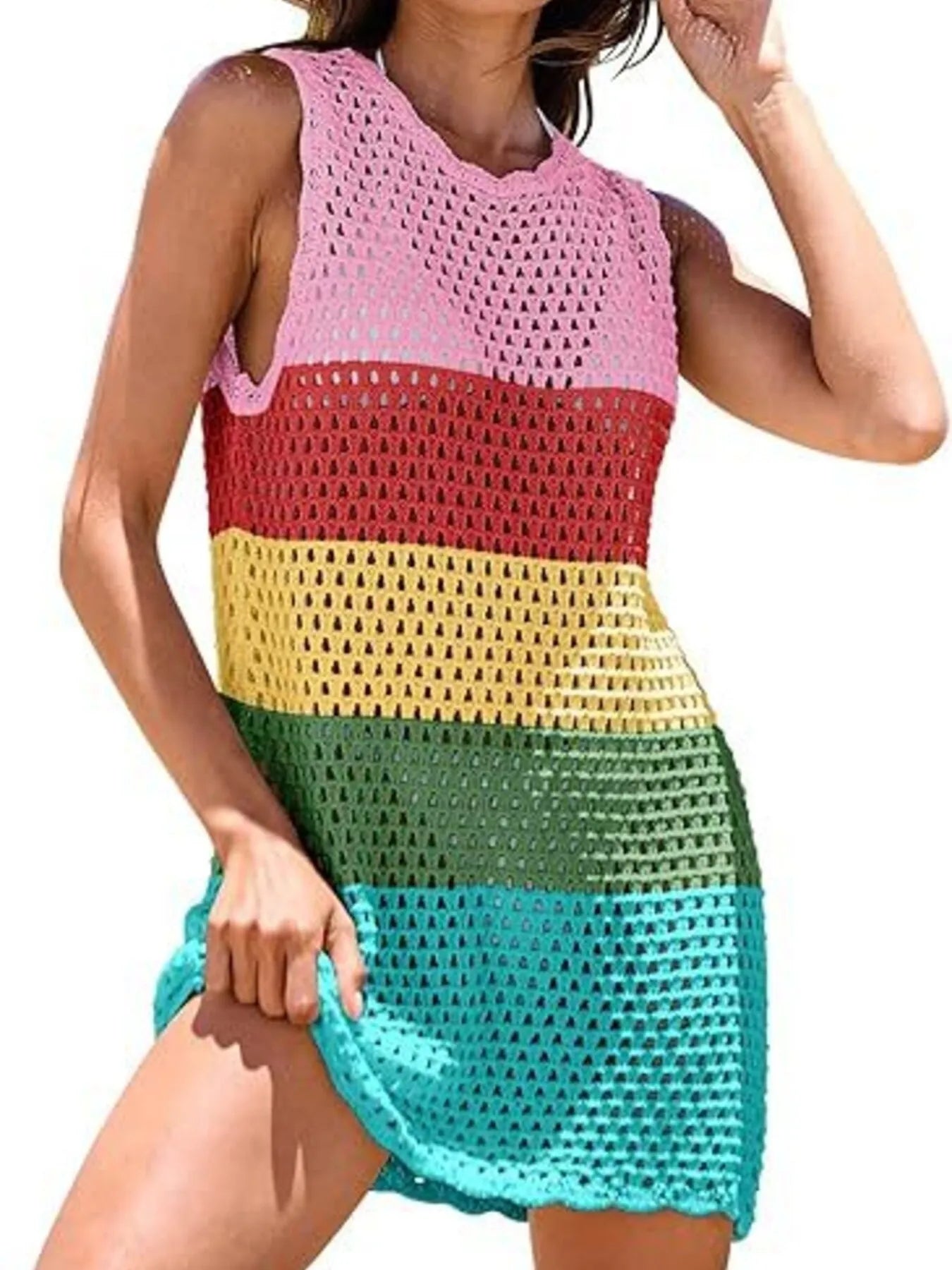 Color Block Openwork Sleeveless Cutout Back Cover-Up Mini Dress