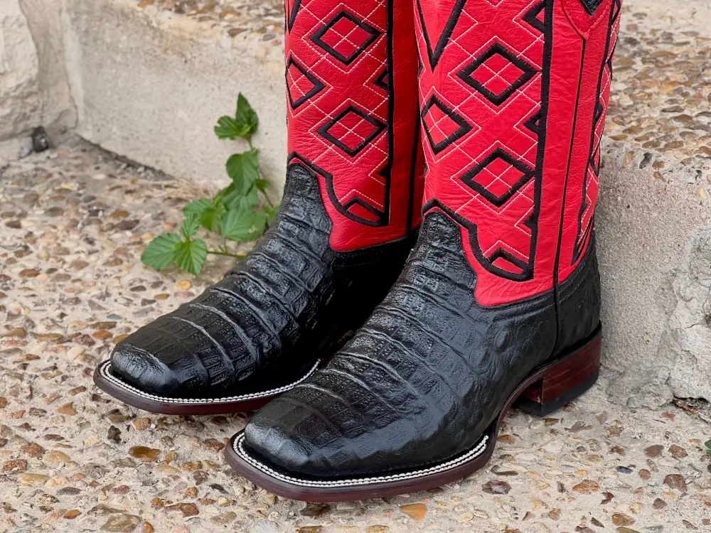Men’s Black Crocodile Horn-Back Leather Boots With Red Shaft