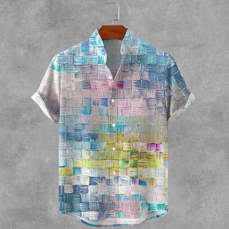 Men's Retro Oil Painting Plaid Art Print Cotton And Linen Shirt