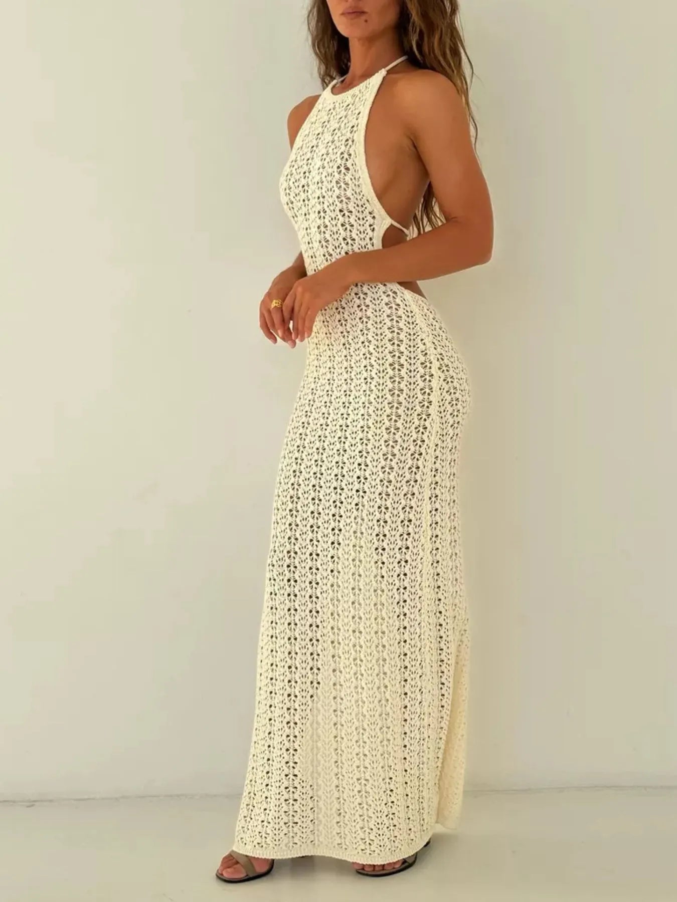 Crochet Halter Neck Bodycon Knit Cover Up Dress
