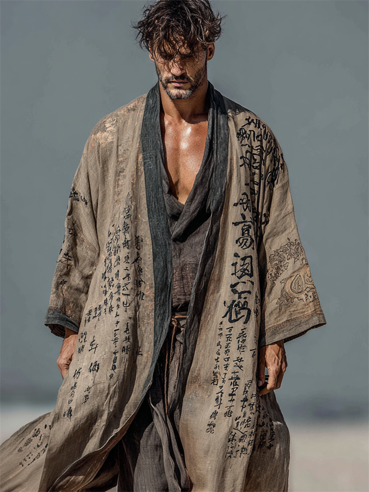 Men's Vintage Japanese Calligraphy Art Flowy Long Linen Kimono