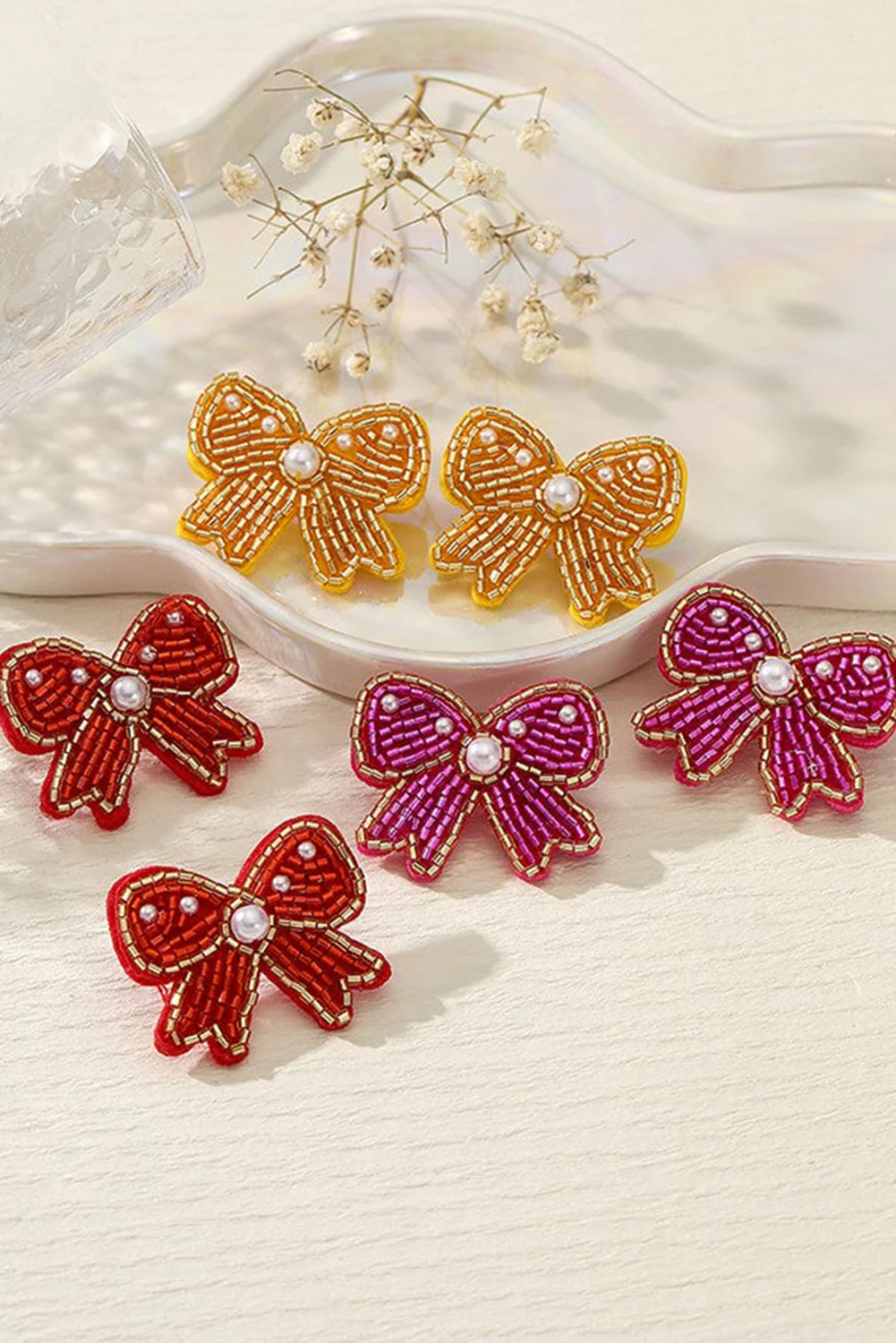 Rose Red Pearl Rice Bead Bow Knot Shape Stud Earrings