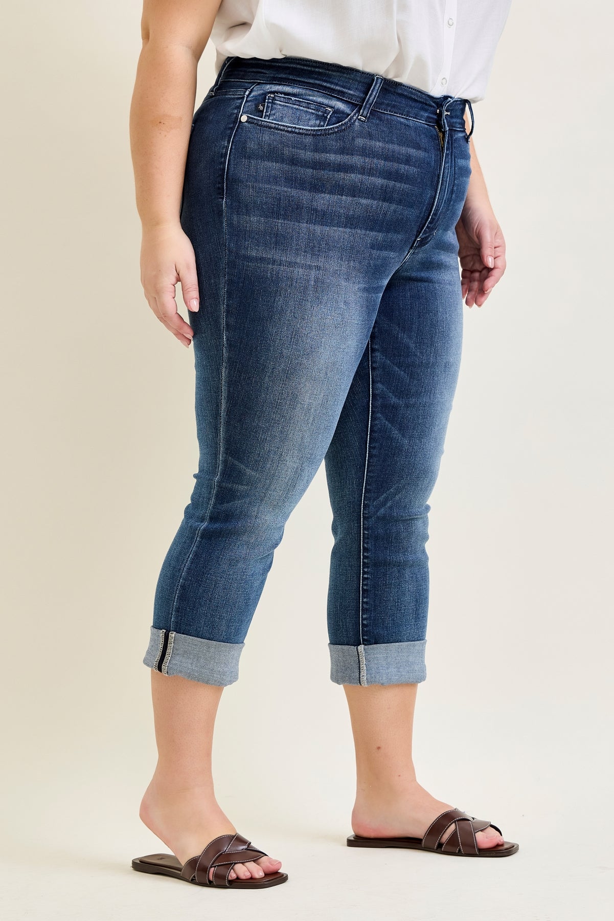 Maddy Mid Rise Dark Wash Cuffed Capri Jeans - PLUS