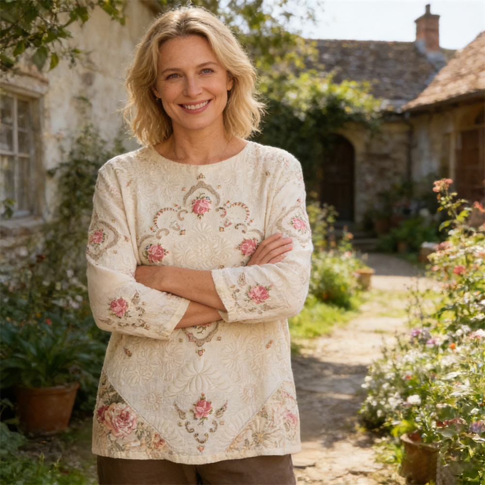 Vintage Floral Art Pattern Women's Linen Long Sleeve Shirt