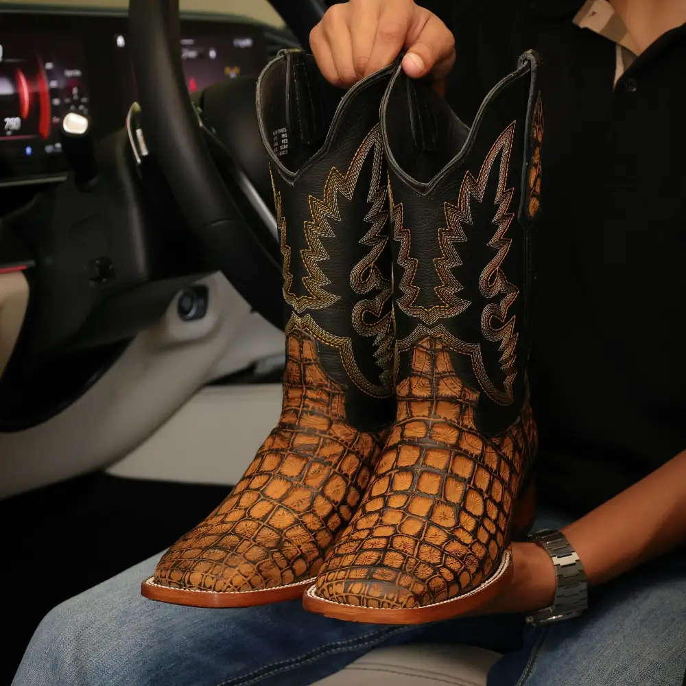 Rustic Honey Argentine Crocodile Leather Boots — Square Toe