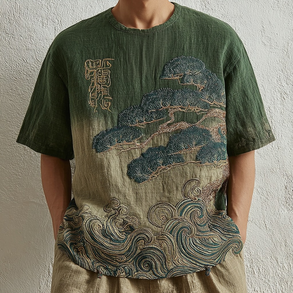 Japanese Pine And Ocean Wave Embroidered Crew Neck T-shirt
