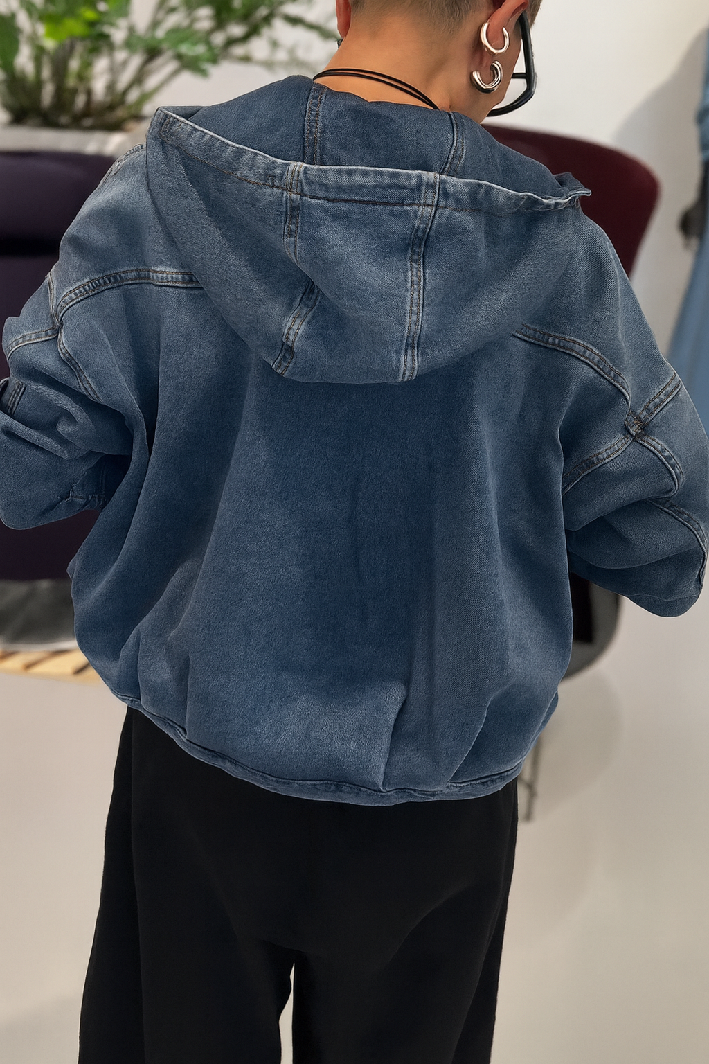 Women Round Neck Hooded Denim Splicing Casual Jacket