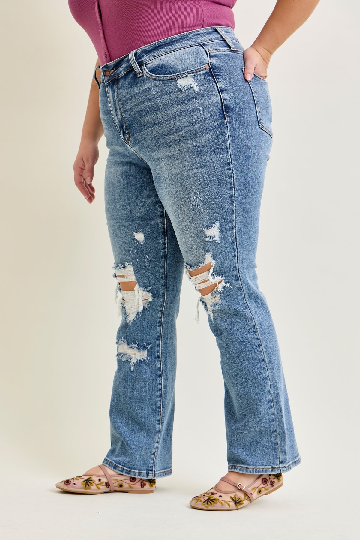 Daisy Stone Wash Ripped Bootcut Jeans - PLUS