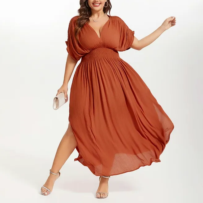Plus Size Summer V-Neck Batwing Sleeve Maxi Dress with Ruched Waist
