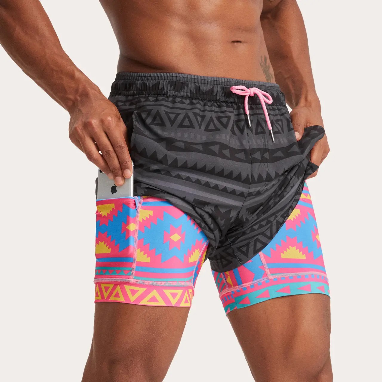 2 in 1 Stretch Short Lined Black Mayan Gym Shorts, Breathable Comfort Workout Athletic Training Shorts with Phone Pockets