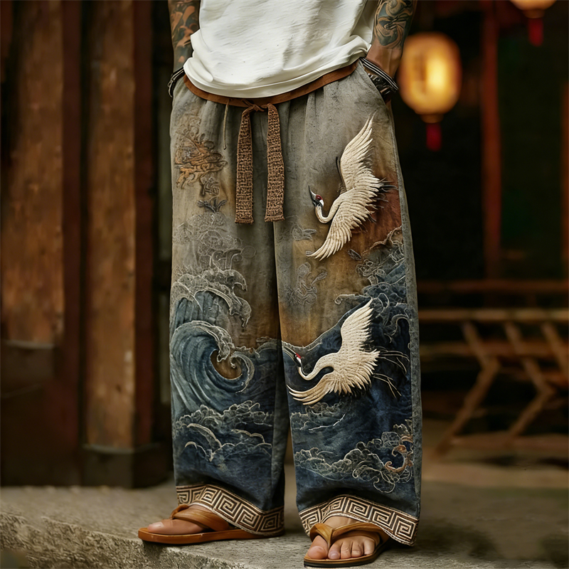 Men's Cranes & Sea Waves Japanese Art Linen Pants