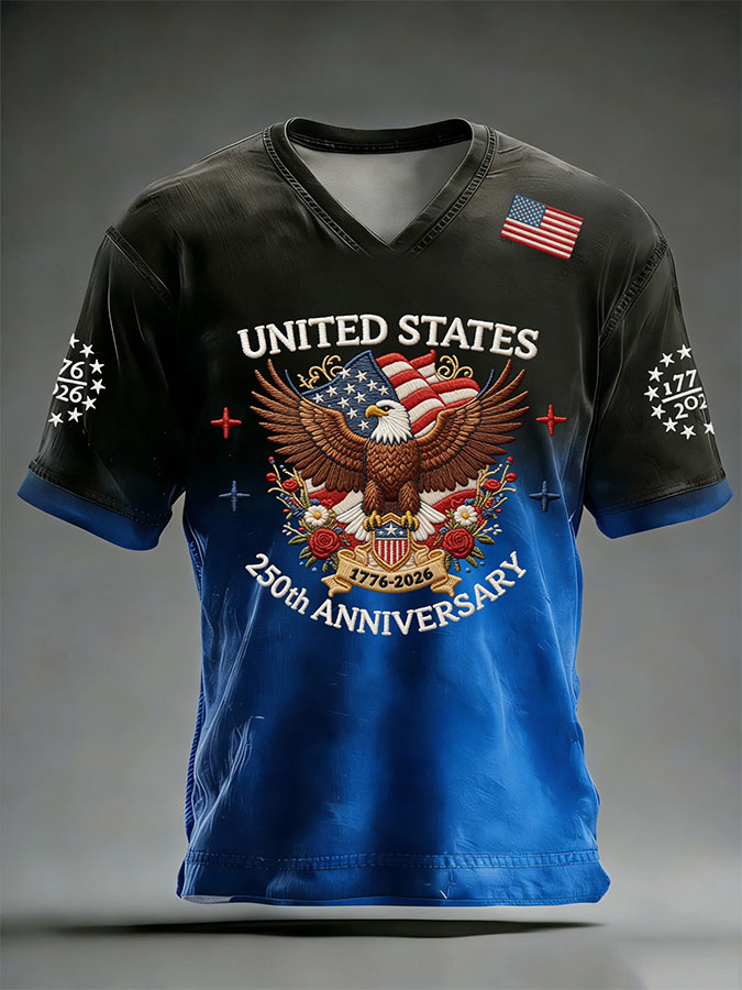 Men'S American Independence Day 250Th Anniversary Printed Short Sleeved V-Neck T-Shirt