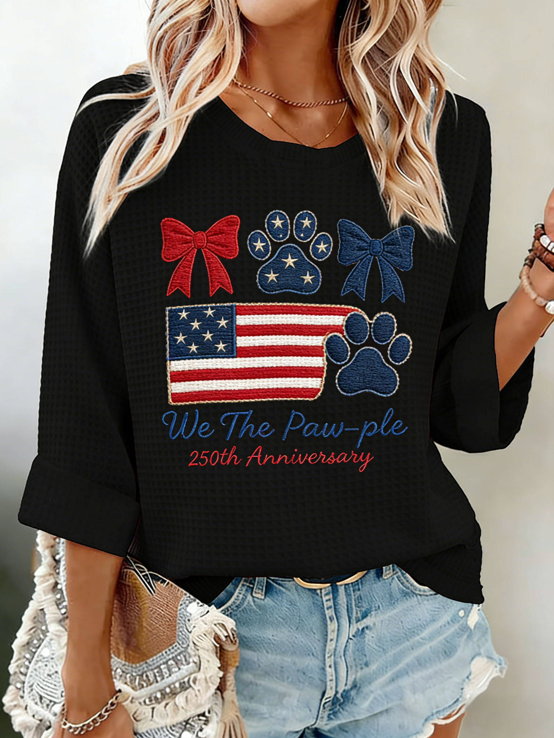 We The Paw-ple 250th Anniversary American Flag Embroidered Waffle Knit Top
