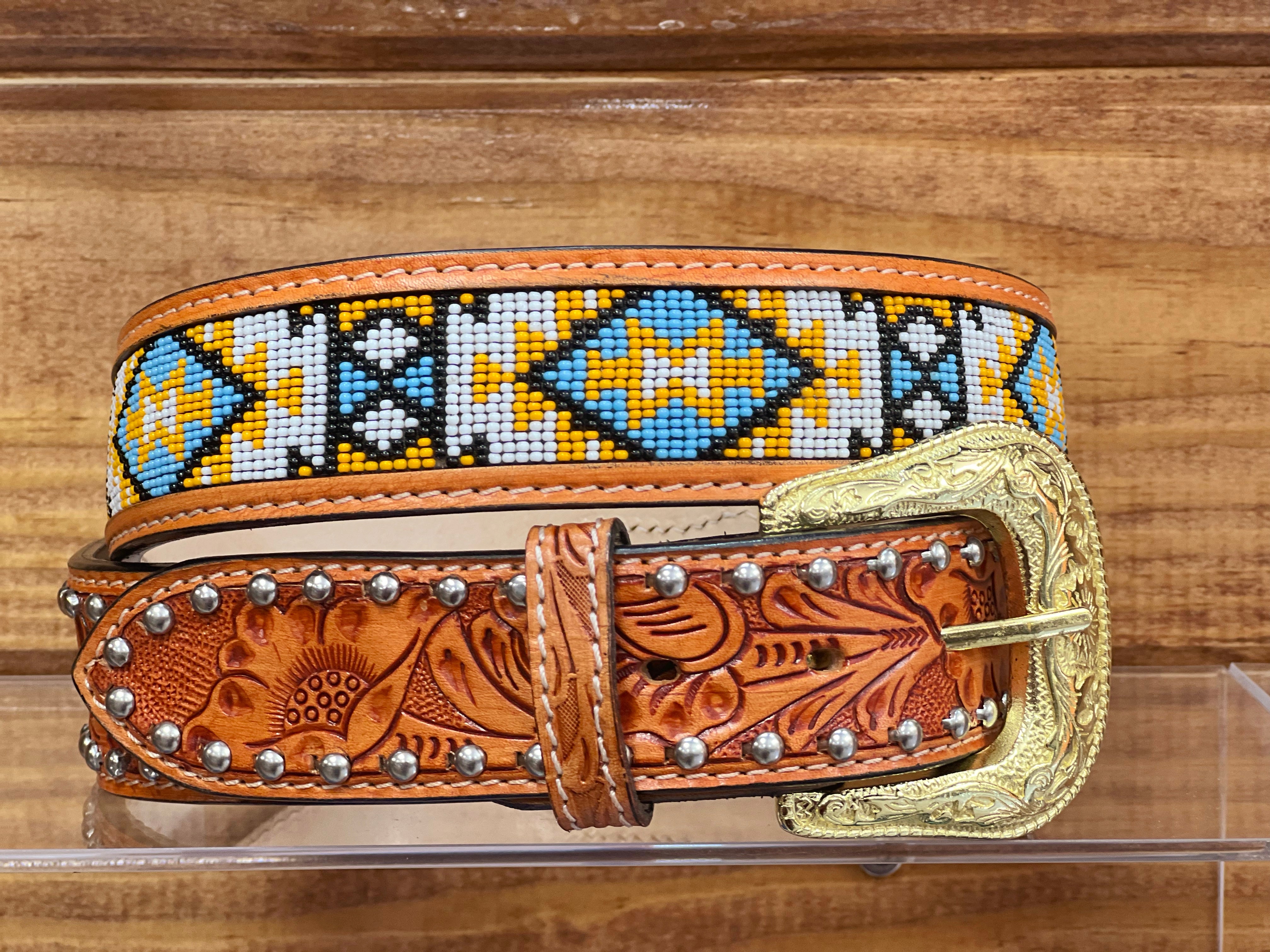 Cognac Hand-Tooled Artesanal Tabs With Silver Studs Blue & Yellow Beaded Leather Belt
