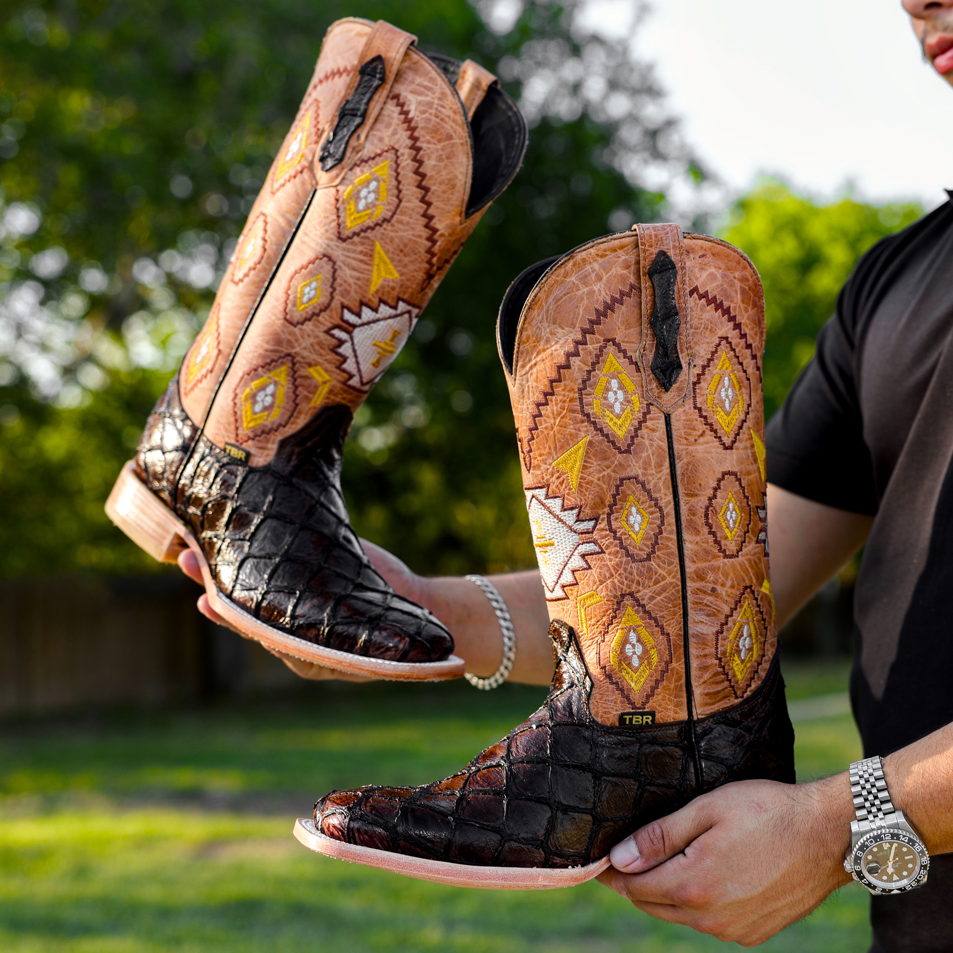 Chocolate Brown Pirarucu Leather Boots - Square Toe