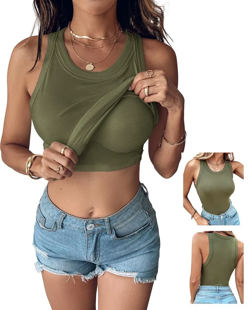 Women Everyday Basic Ribbed Built-in Bra Tank