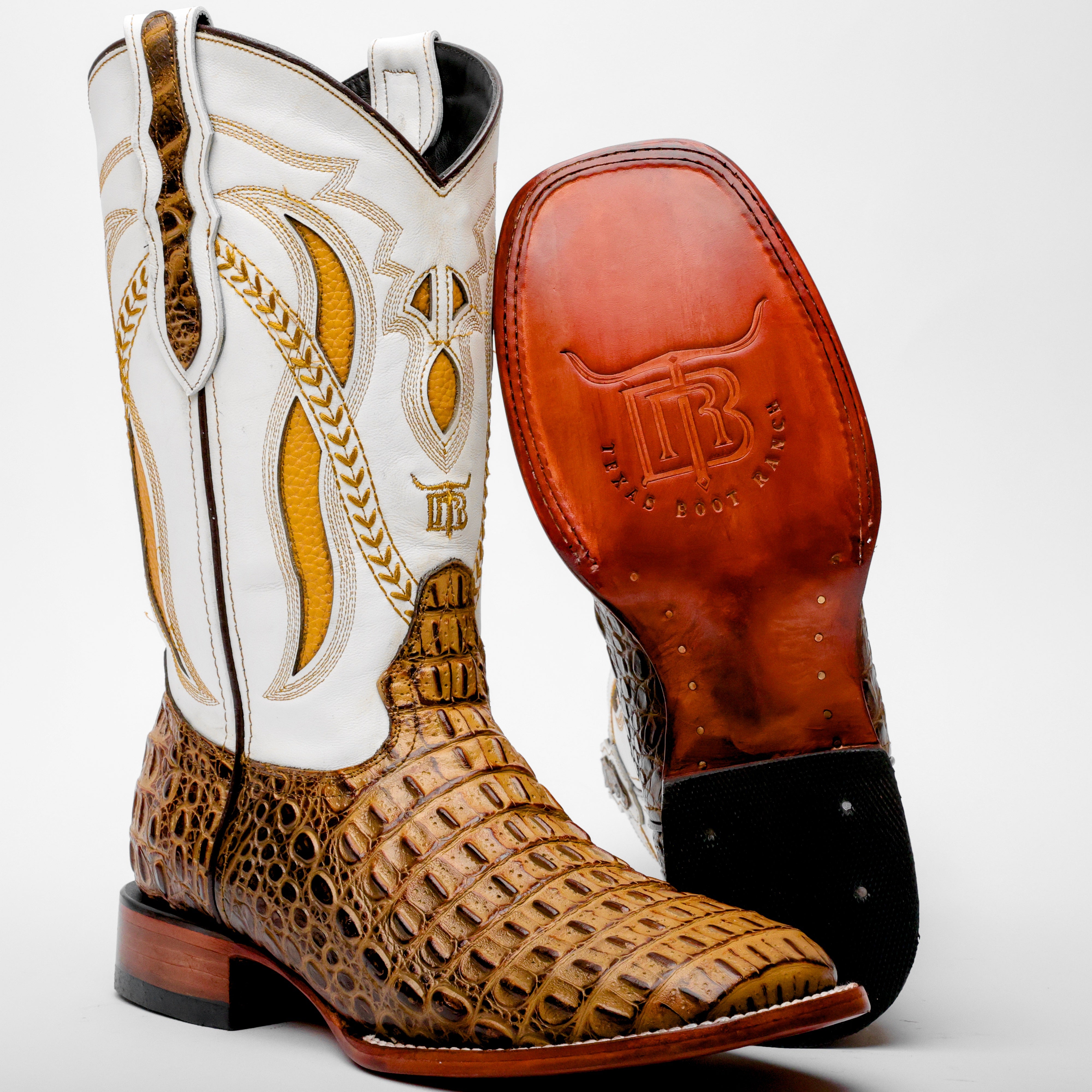 Honey Caiman Hornback Leather Boots - Square Toe